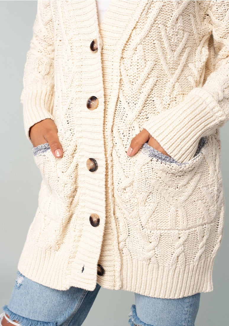 Oversized Button Front Cable Knit Cardigan