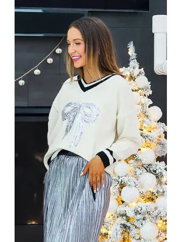 Silver Sequin Bow Sweater: Cream & Black Chic