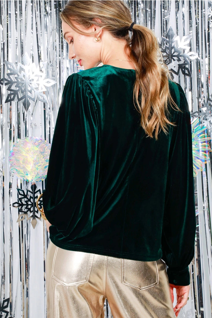 Long Balloon Sleeve Round Neck Velvet Blouse Top