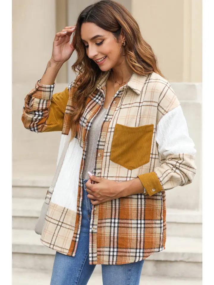 Color Block Patchwork Shirt Jacket with Pocket