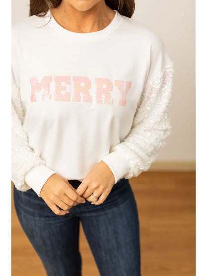 Merry Sequins White Sweater with Sequins Sleeves