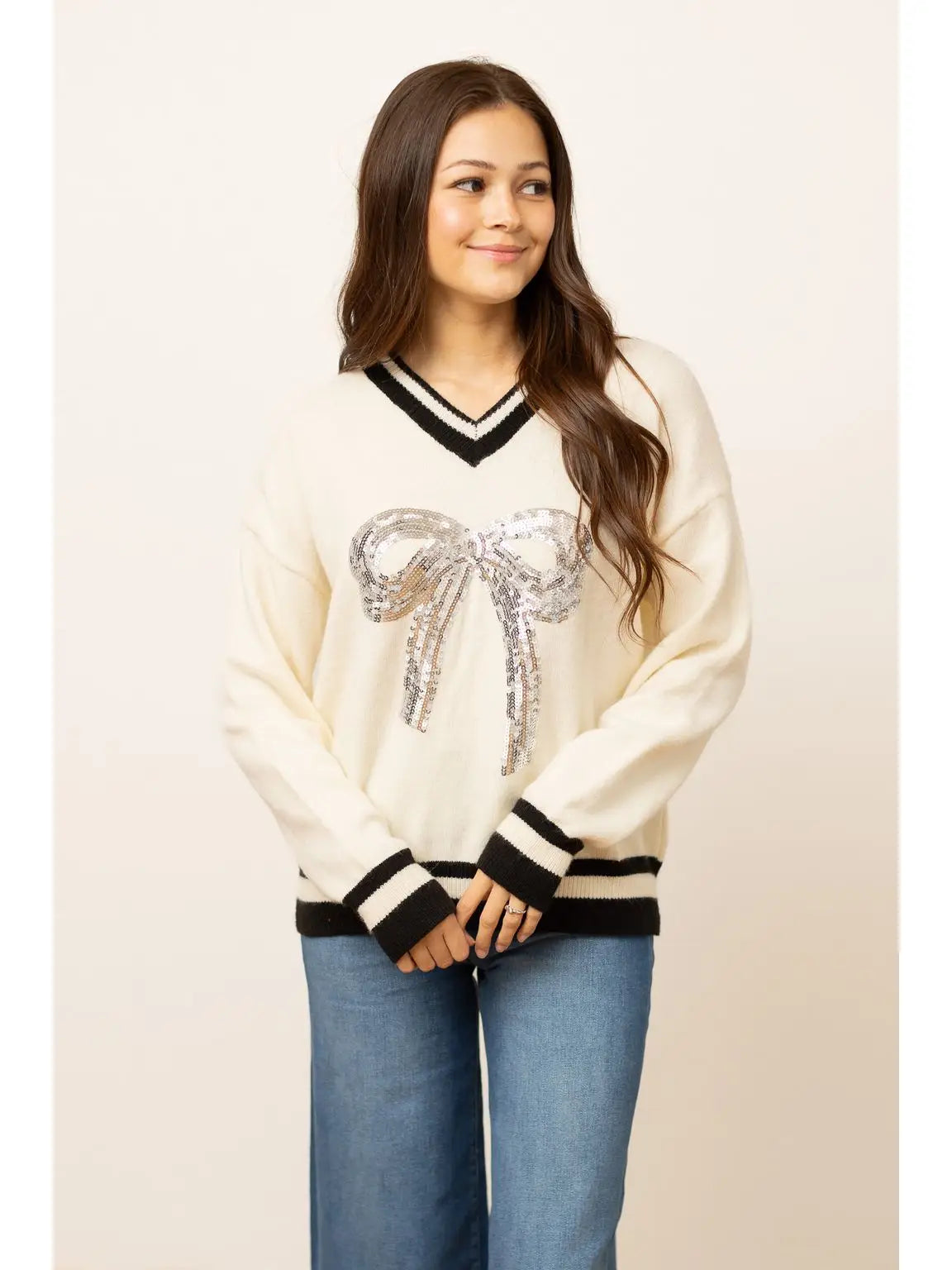 Silver Sequin Bow Sweater: Cream & Black Chic