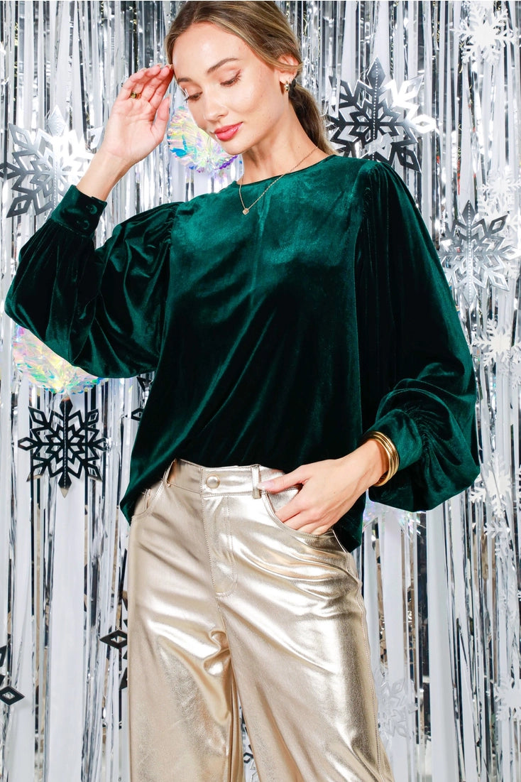 Long Balloon Sleeve Round Neck Velvet Blouse Top