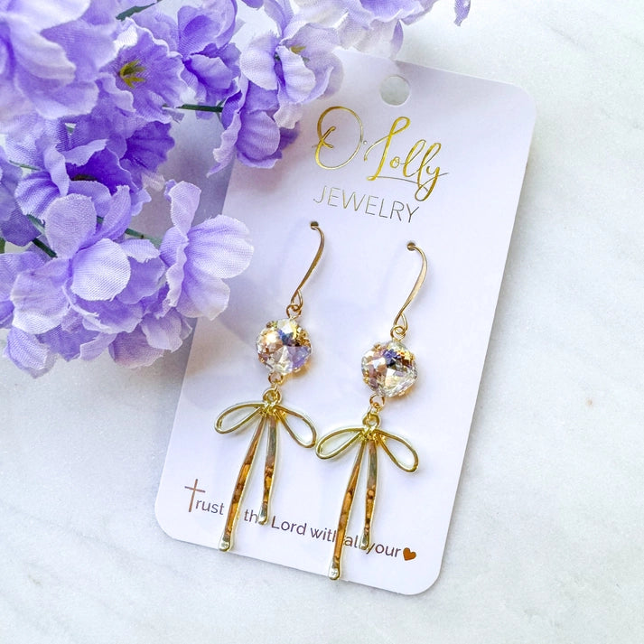 Blakely Earrings- Clear Stone W/Gold Bow Dangle