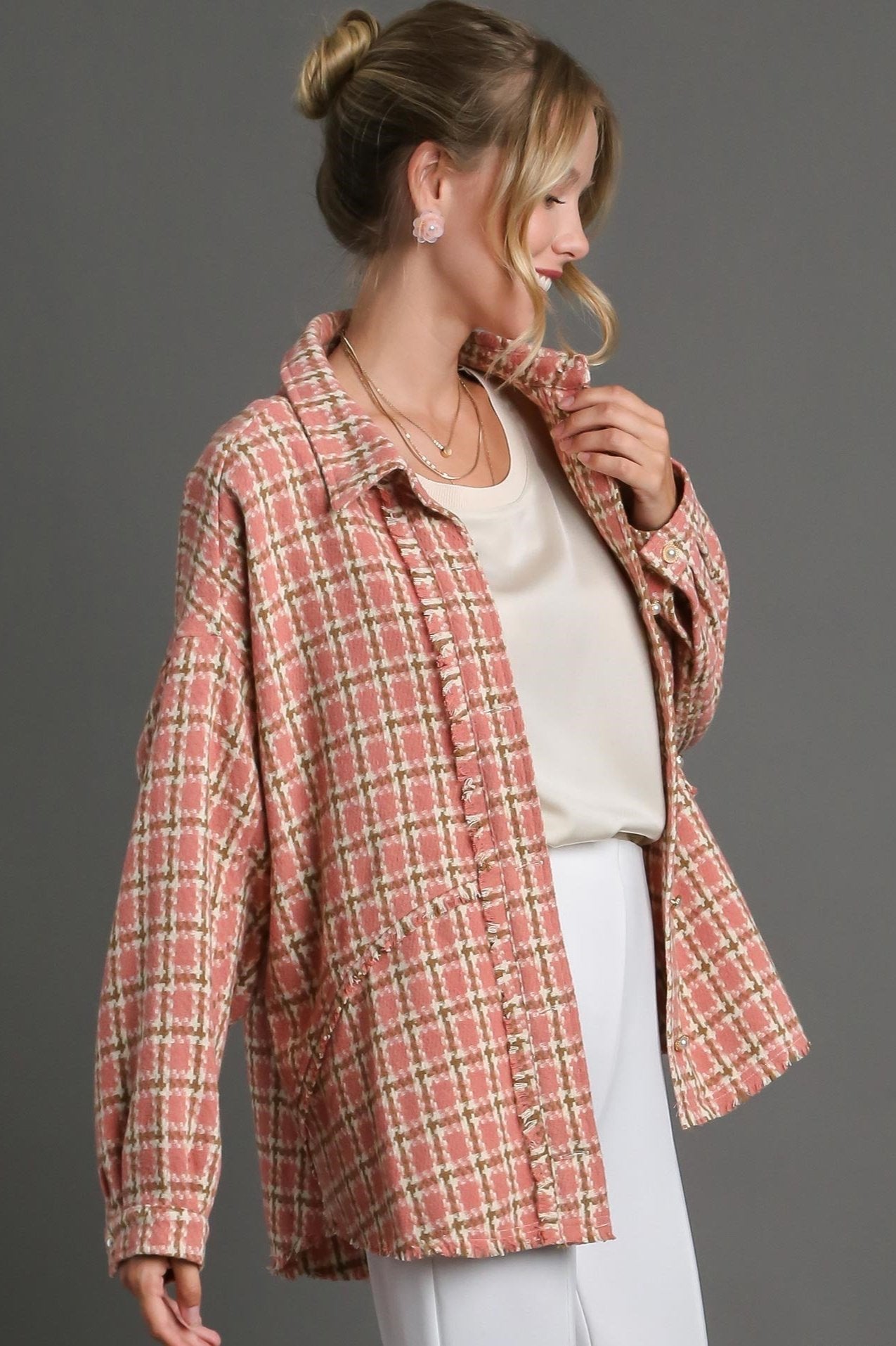 Tweed Plaid Button Down Jacket w/ Fray & Pockets