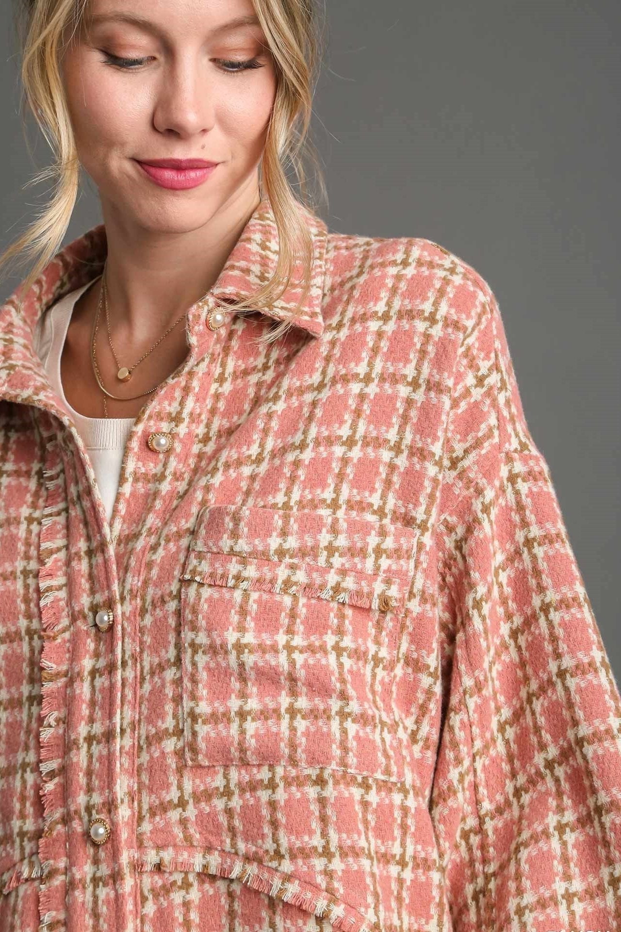 Tweed Plaid Button Down Jacket w/ Fray & Pockets