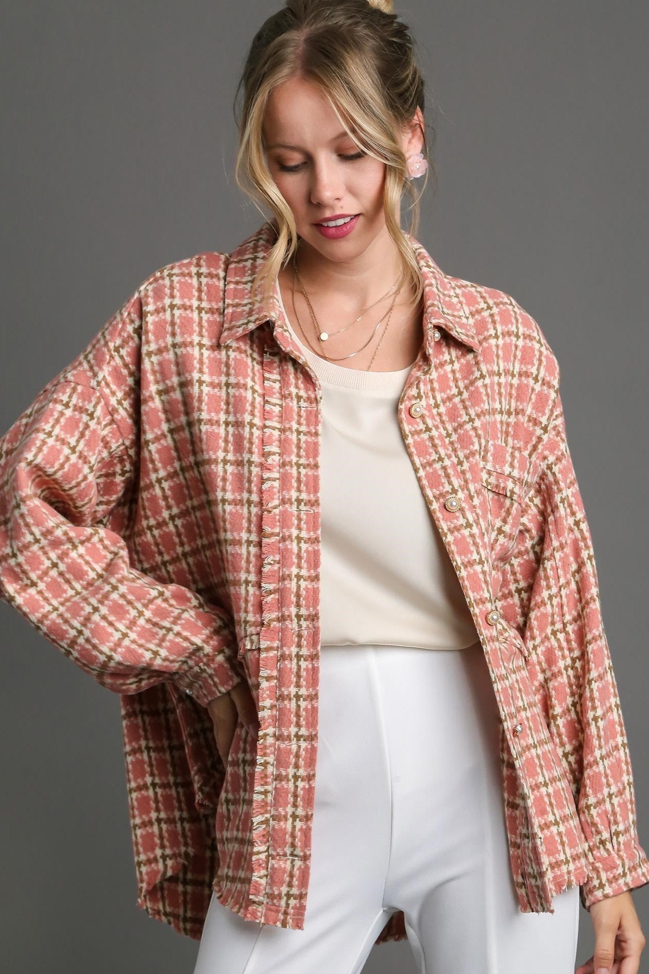 Tweed Plaid Button Down Jacket w/ Fray & Pockets