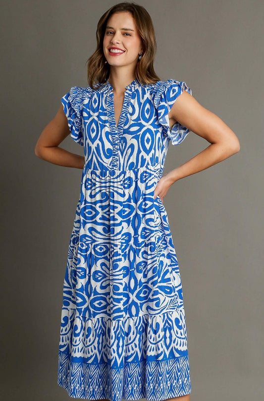 Two Tone A-Line Border Print Midi Dress with Ruffle Sleeves