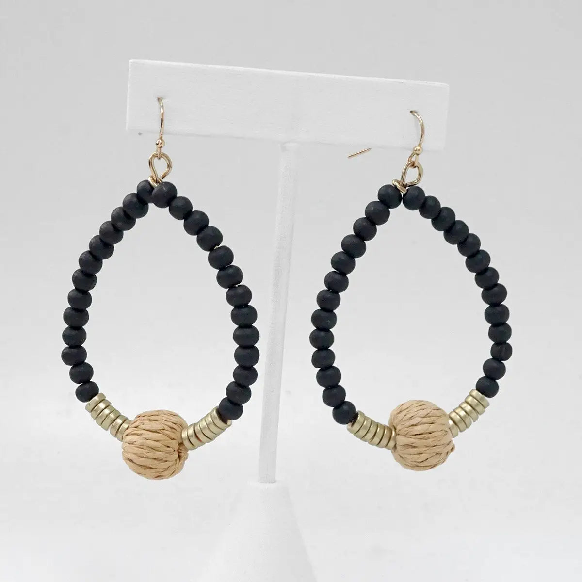 Wood Beads Raffia Teardrop Earrings