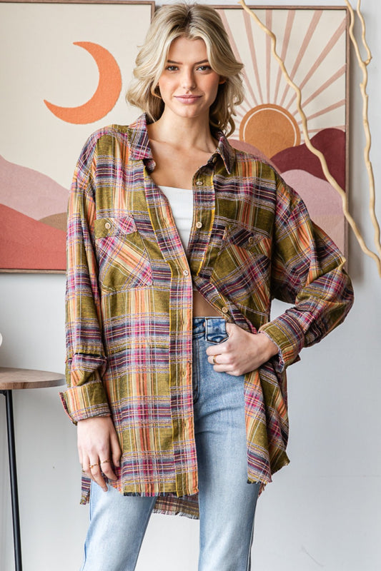 Mineral Wash Plaid Button Top