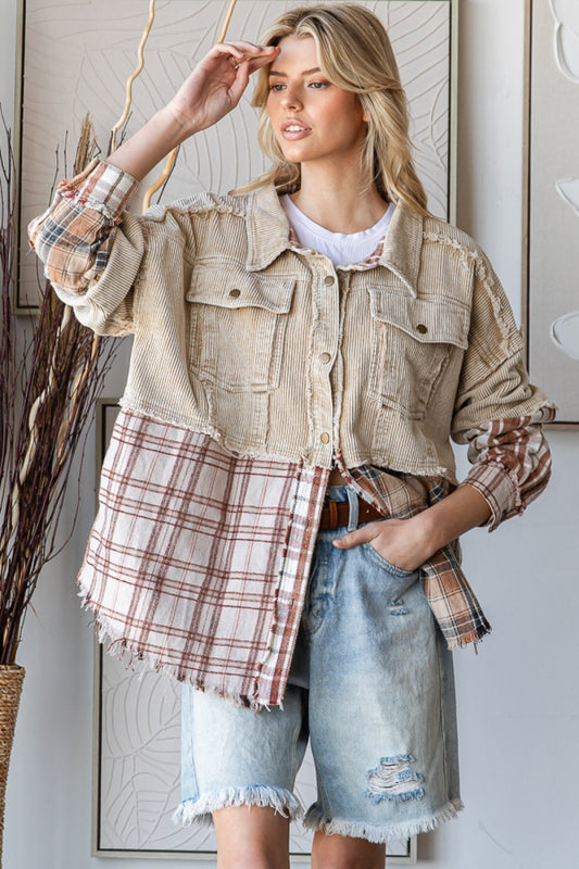 Washed Denim Plaid Color Block Jacket