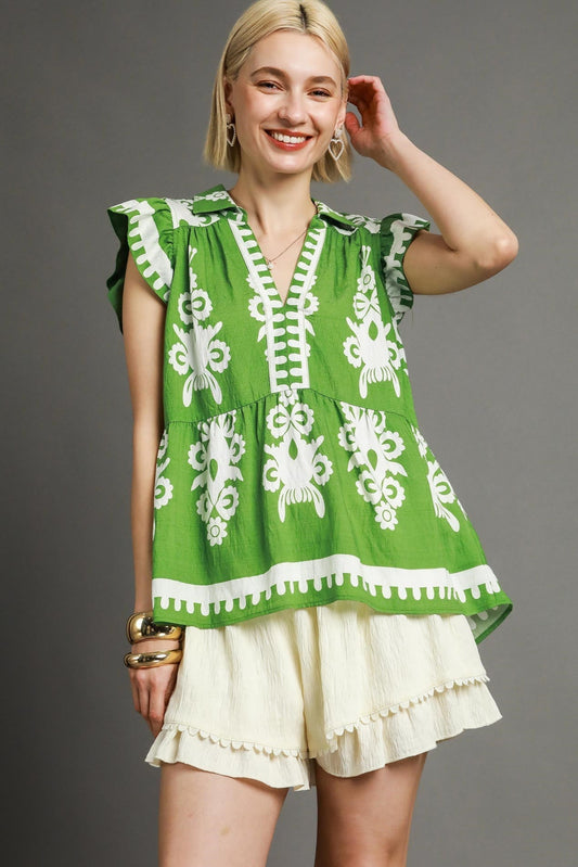 Border Print Peplum Blouse