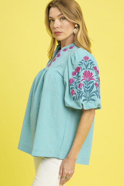 Embroidered Puff Sleeve Blouse