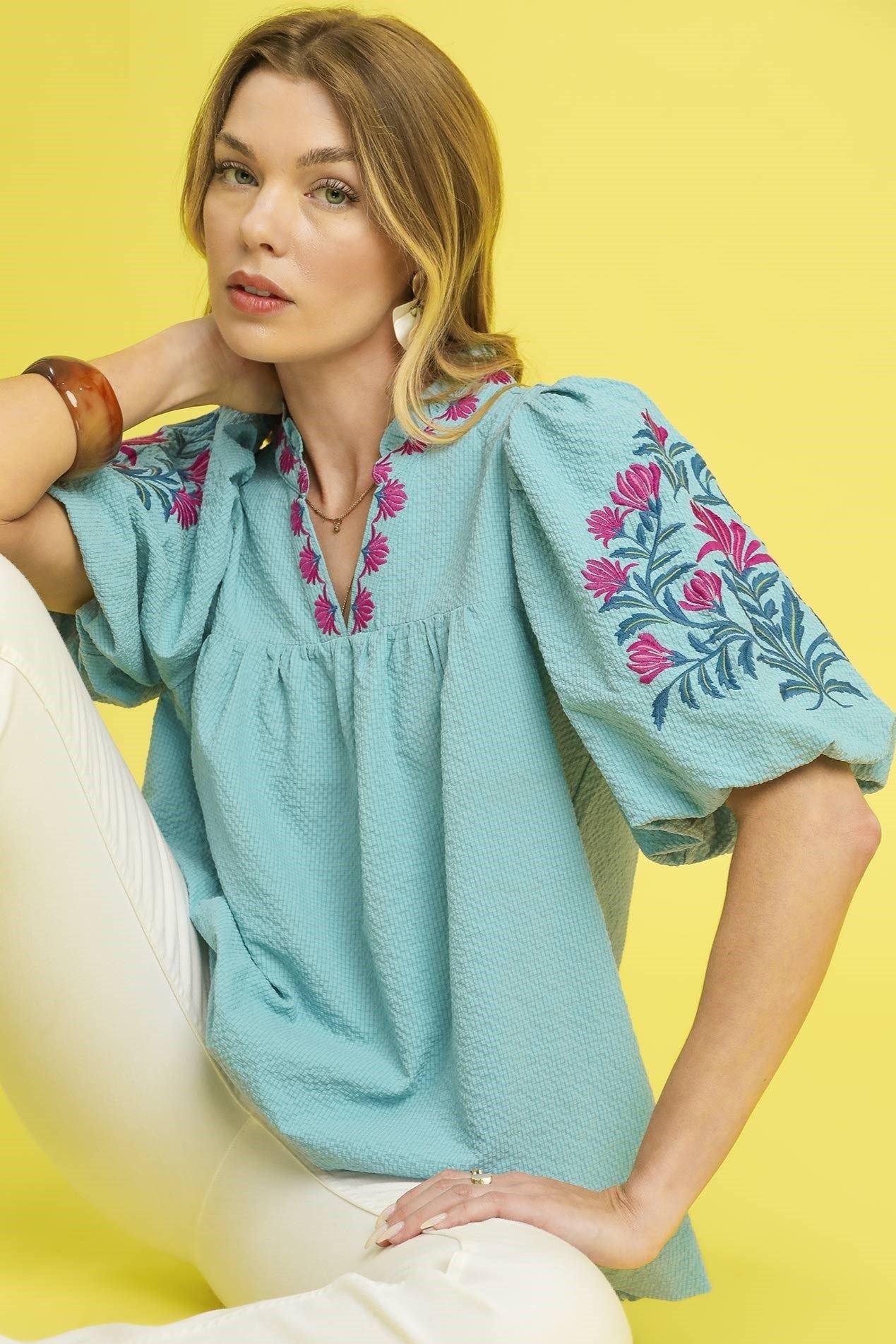 Embroidered Puff Sleeve Blouse