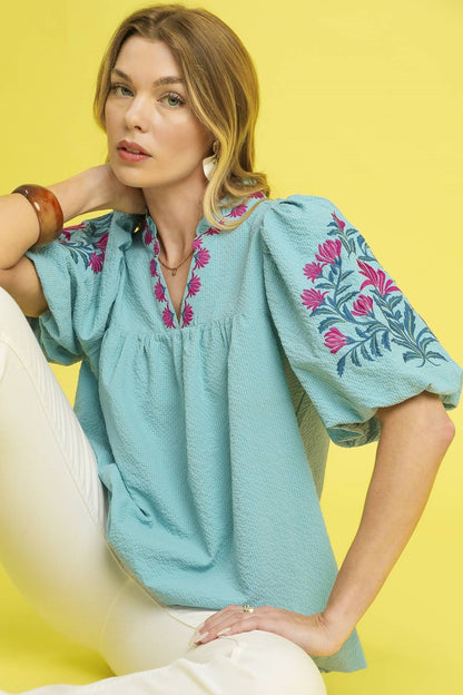 Embroidered Puff Sleeve Blouse