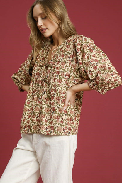 Vintage Floral Pintuck Blouse