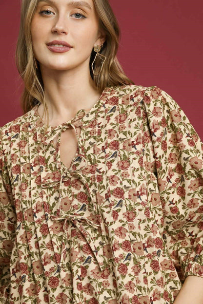 Vintage Floral Pintuck Blouse