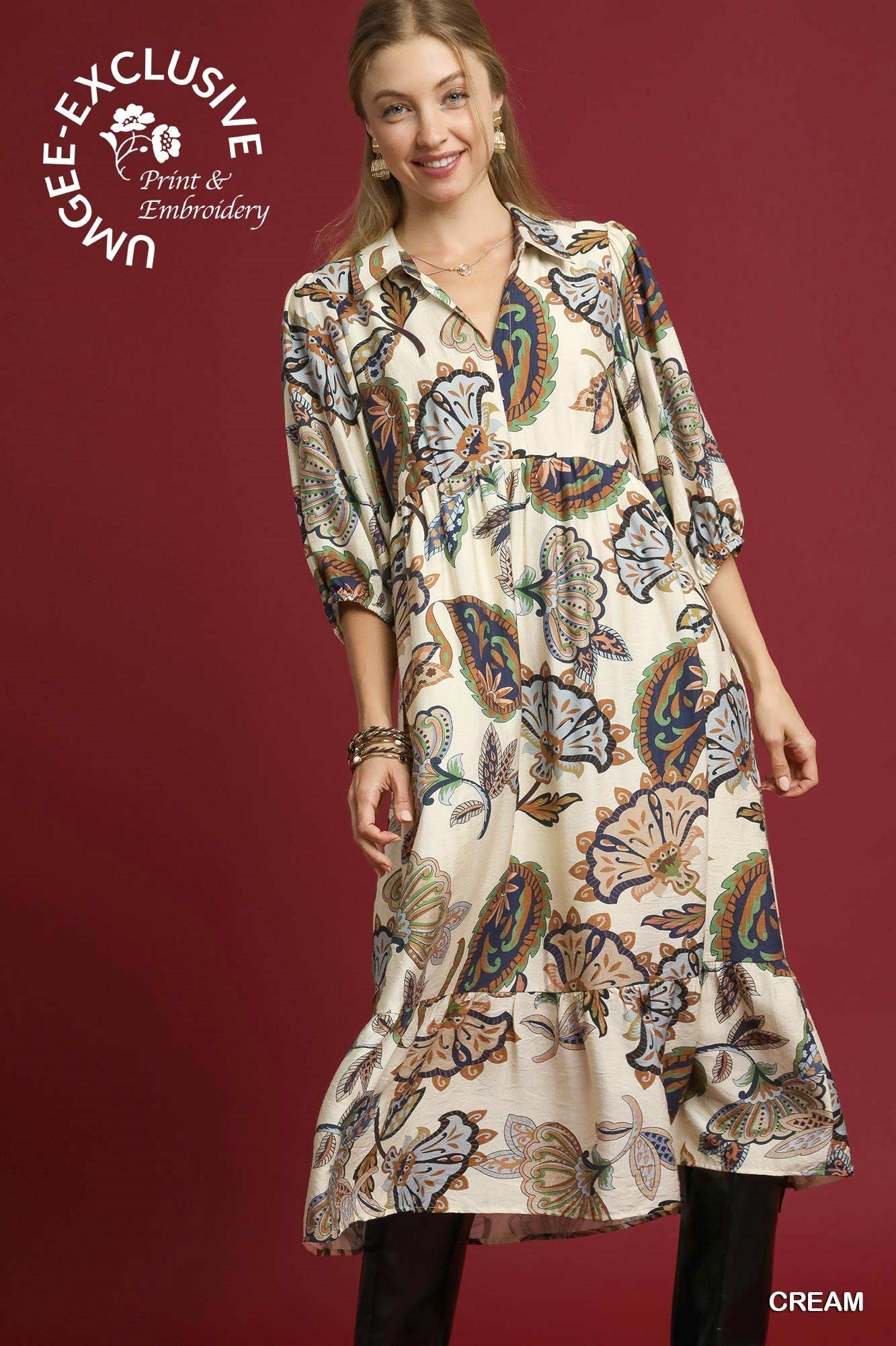 Boho Paisley Midi Dress Cream / Small