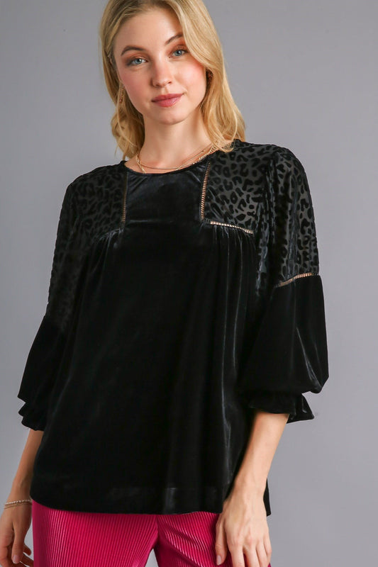 Solid and Animal Velvet Burnout with Ladder Trim Detail Top