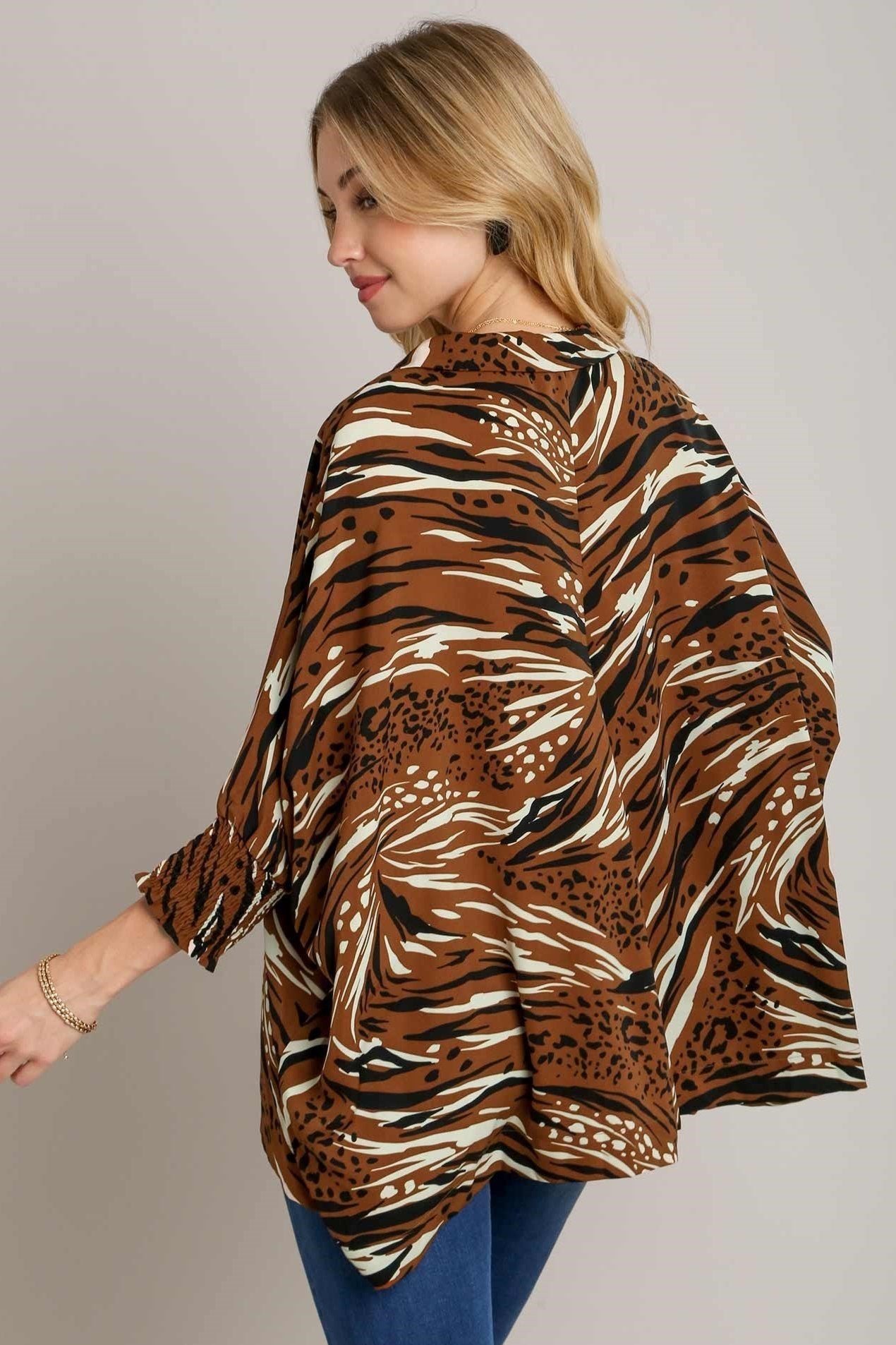 Animal Print V-Neck Oversized Top Smocked Sleeve