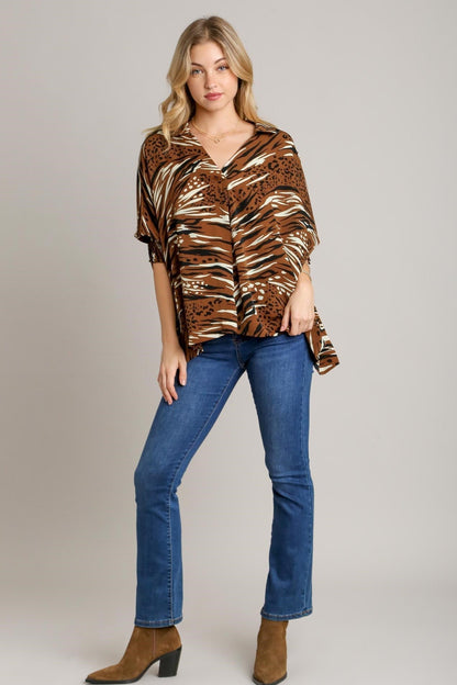 Animal Print V-Neck Oversized Top Smocked Sleeve