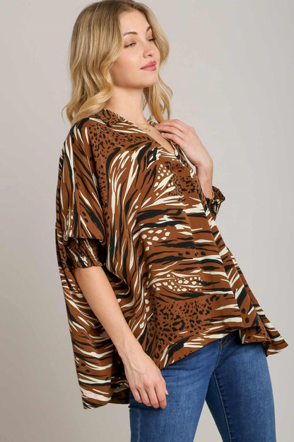 Animal Print V-Neck Oversized Top Smocked Sleeve