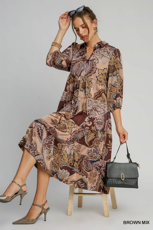 Paisley Print Satin Midi Dress