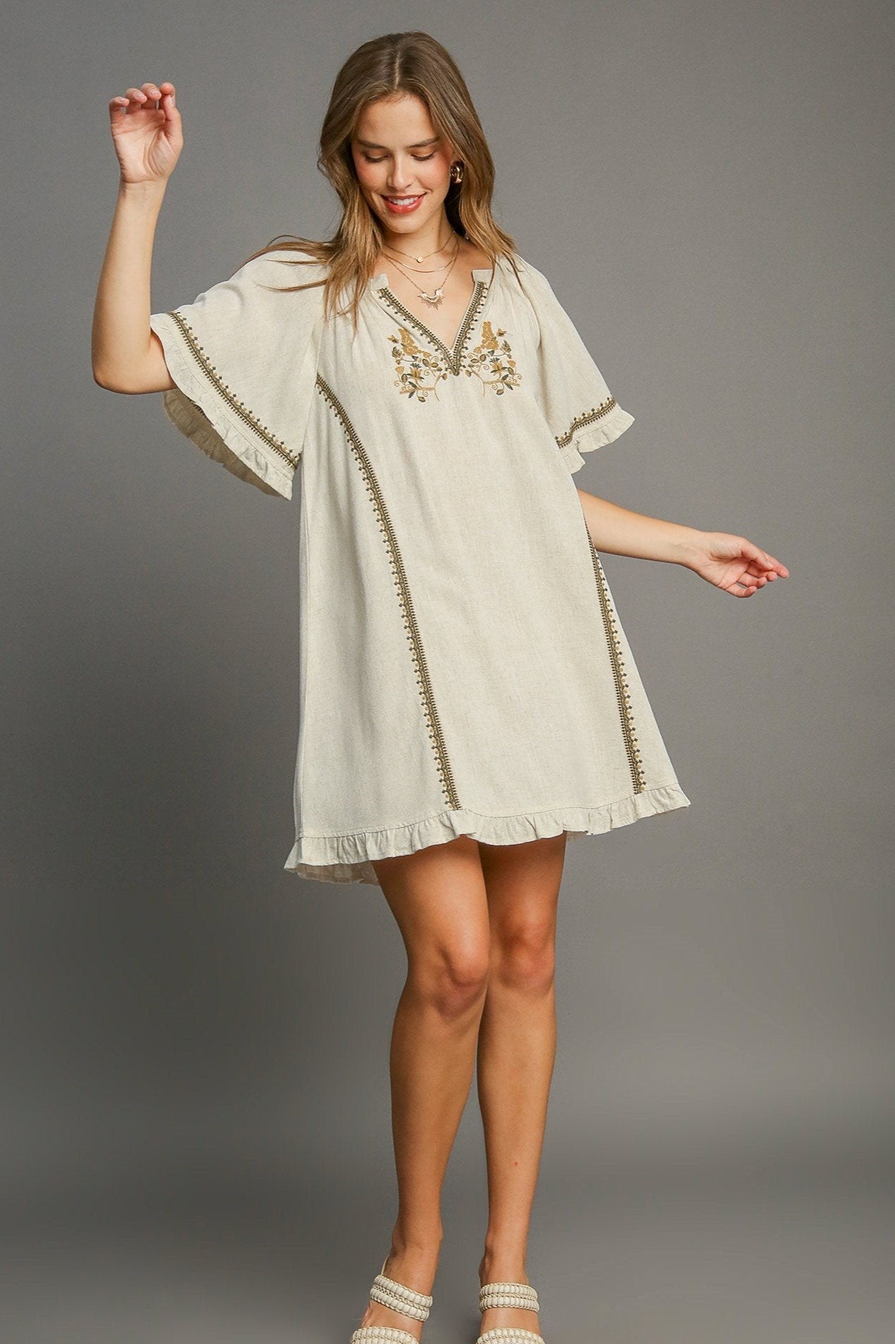 Linen Peasant Mini Dress