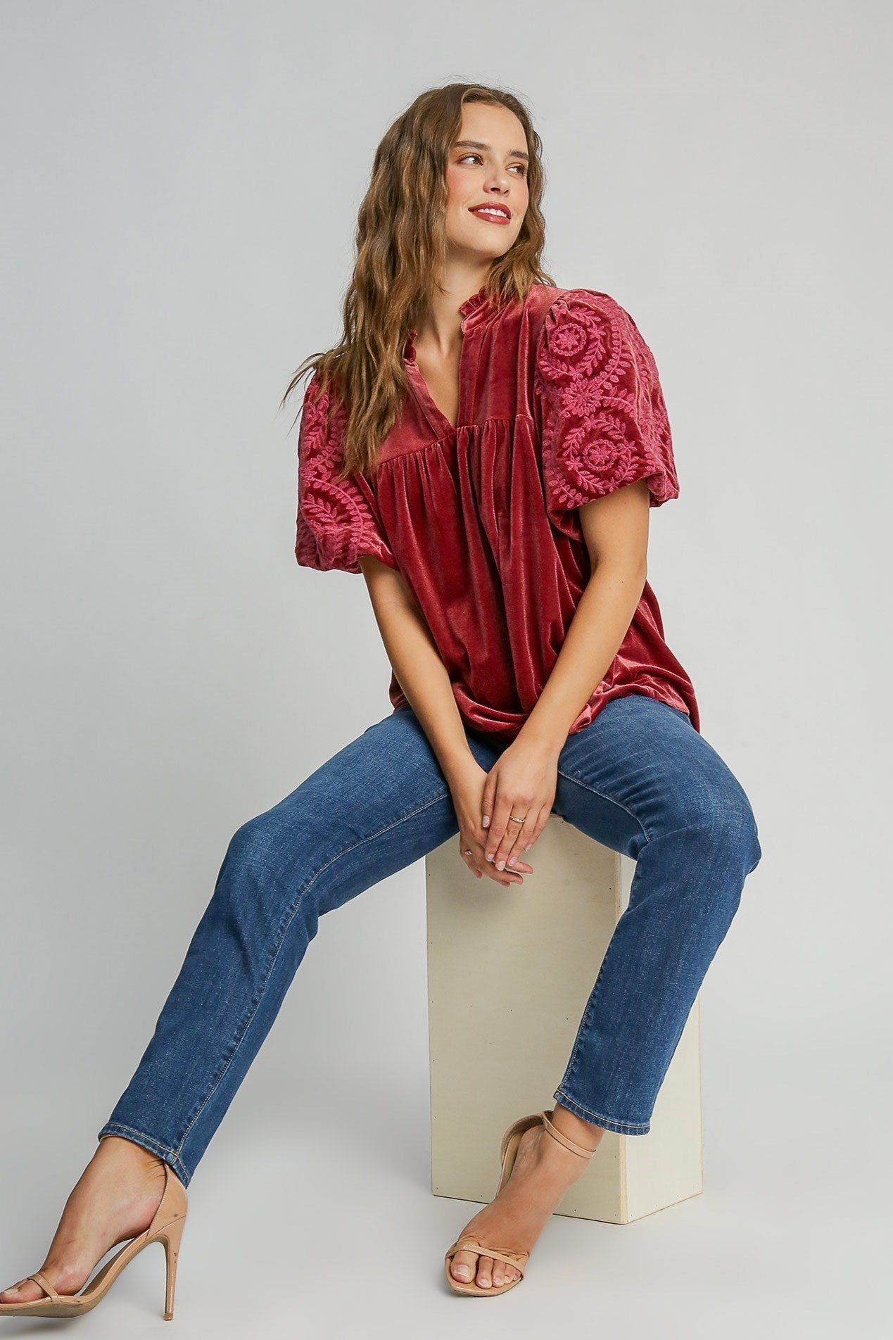 Velvet Embroidered Sleeve Top