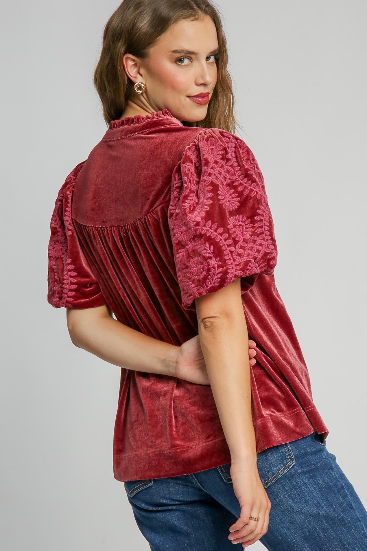 Velvet Embroidered Sleeve Top