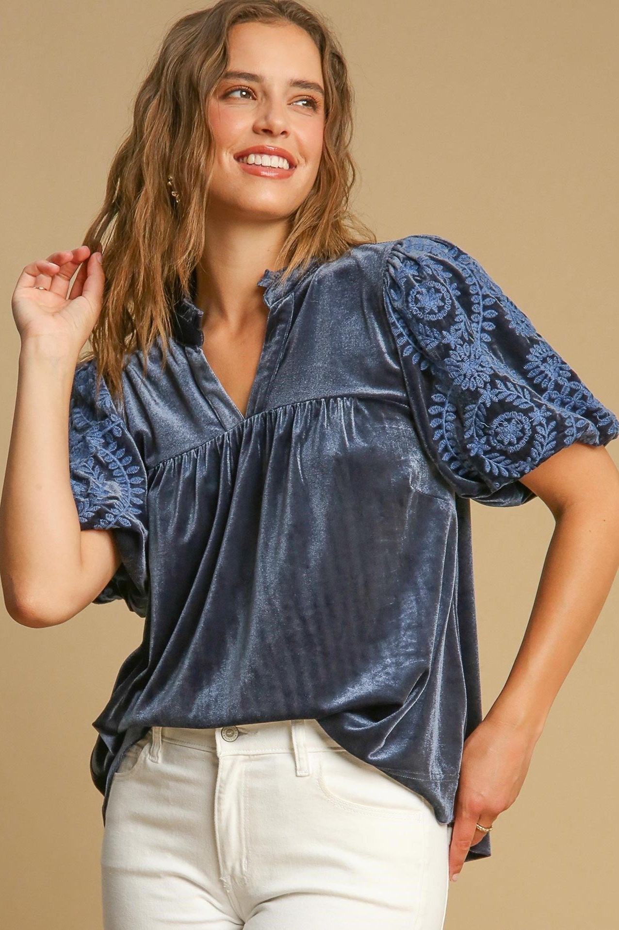 Velvet Embroidered Sleeve Top