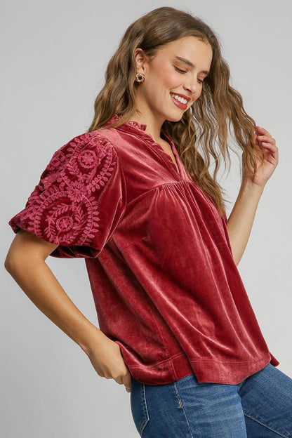 Velvet Embroidered Sleeve Top