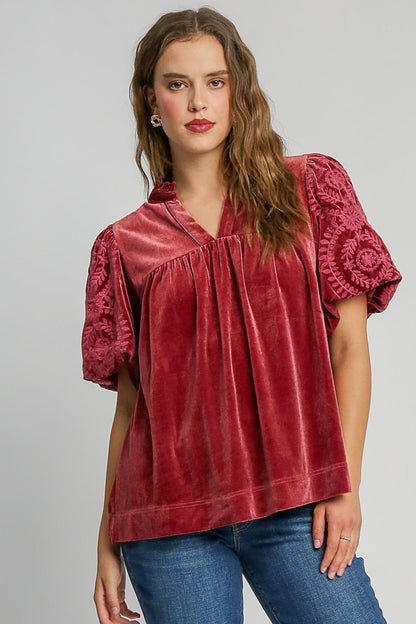 Velvet Embroidered Sleeve Top