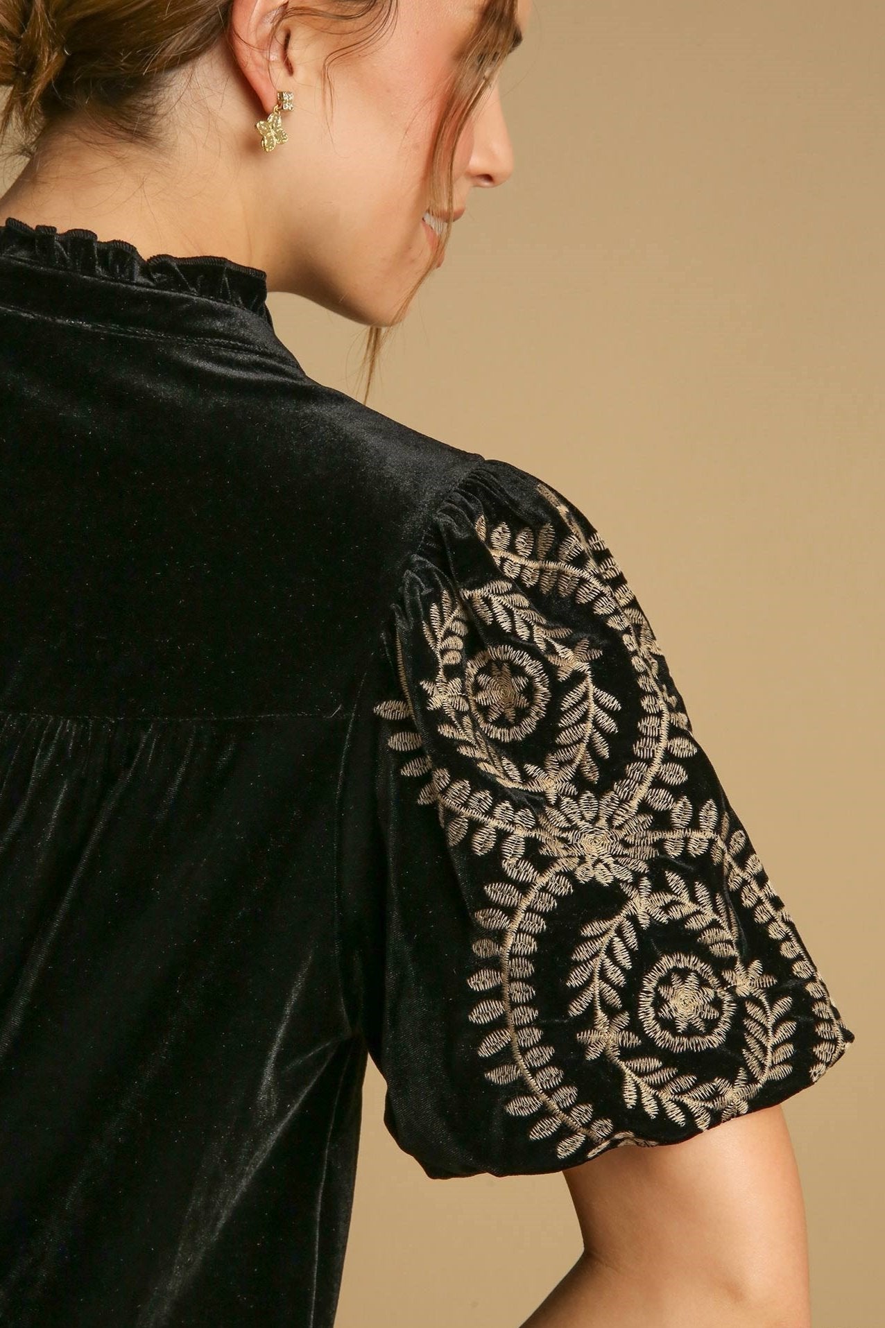 Velvet Embroidered Sleeve Top