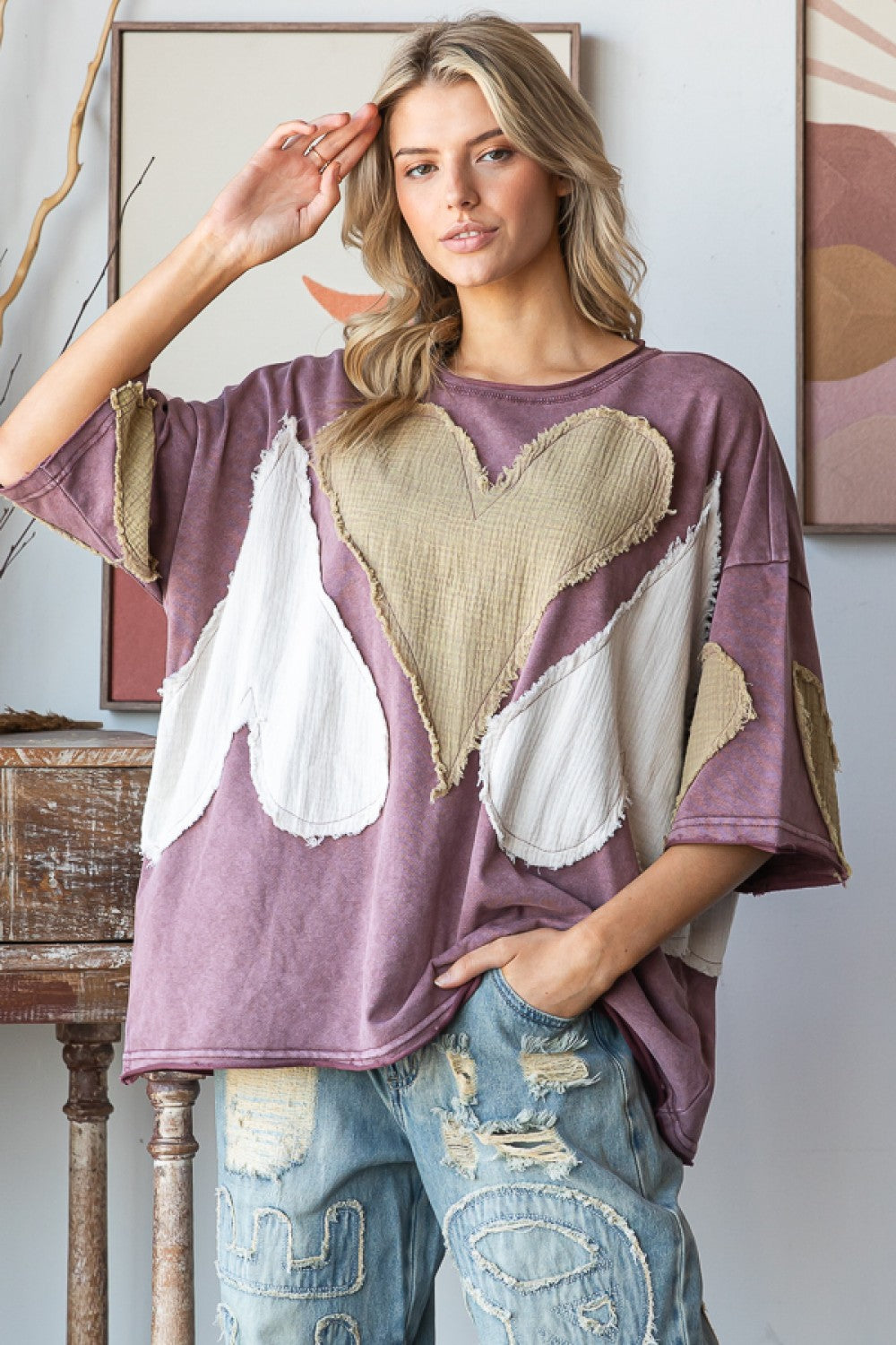 Washed Heart Patch Oversized Tee