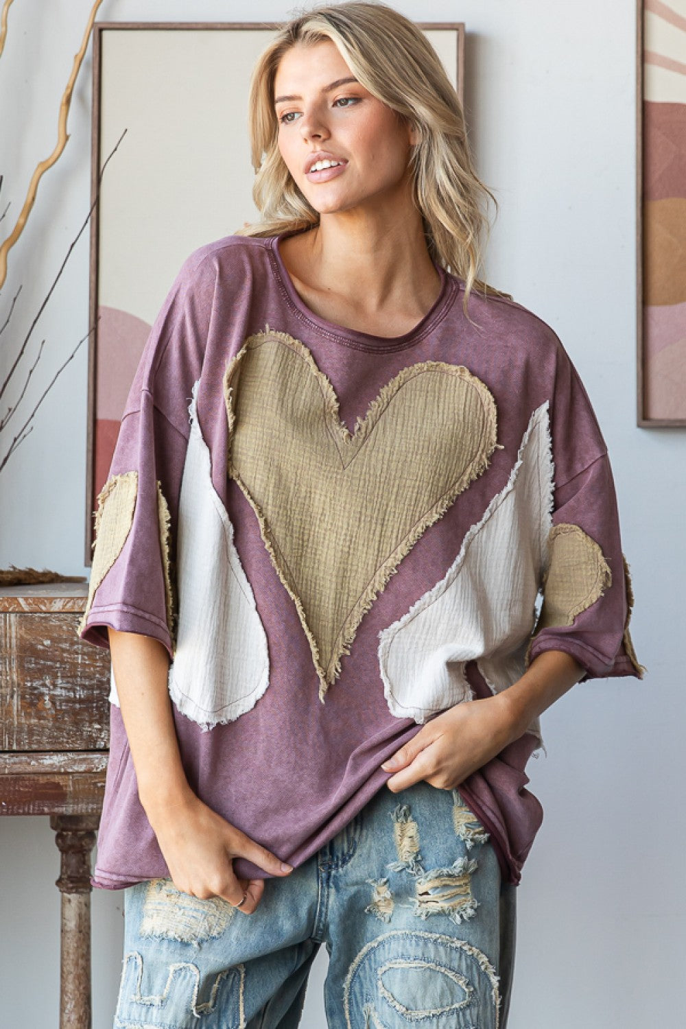 Washed Heart Patch Oversized Tee