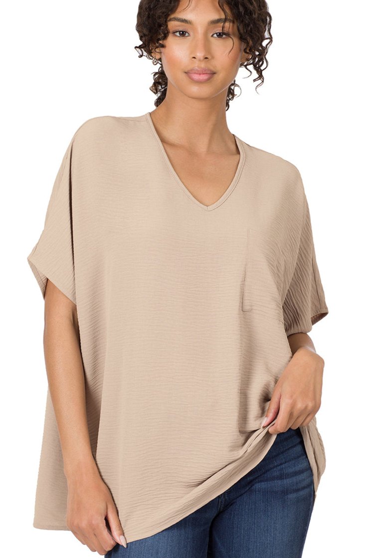 Woven Airflow V-Neck Dolman Short Sleeve Top