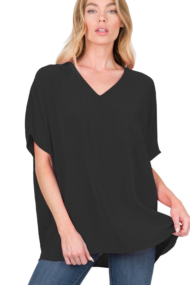 Woven Airflow V-Neck Dolman Short Sleeve Top