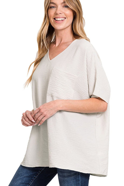 Woven Airflow V-Neck Dolman Short Sleeve Top