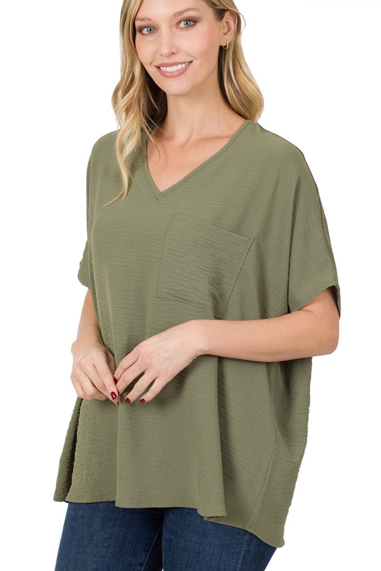 Woven Airflow V-Neck Dolman Short Sleeve Top