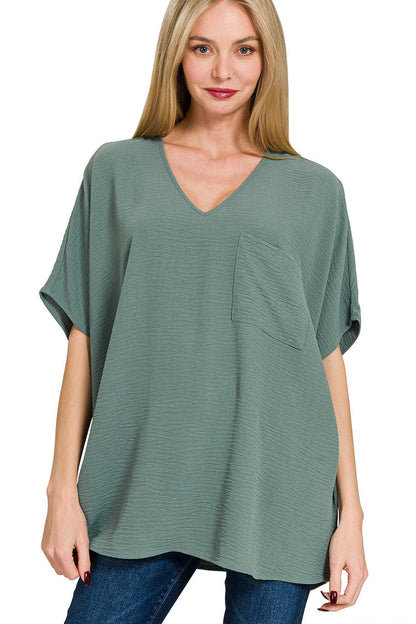 Woven Airflow V-Neck Dolman Short Sleeve Top
