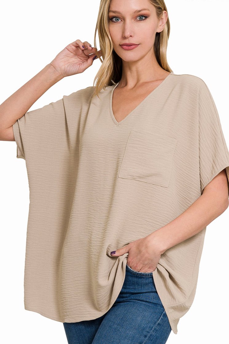 Woven Airflow V-Neck Dolman Short Sleeve Top