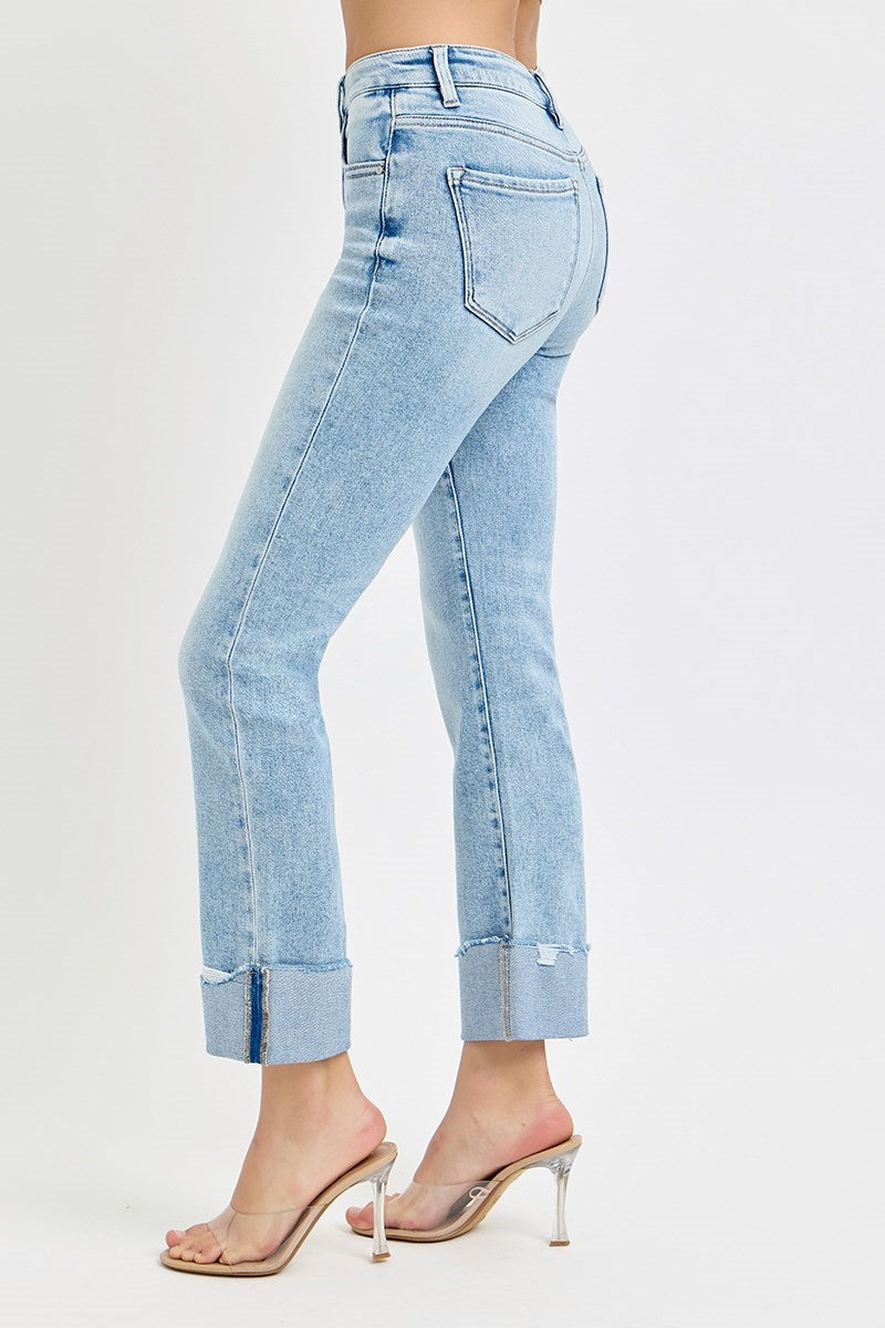 Tummy Control High Rise Crop Straight Cuffed Jeans