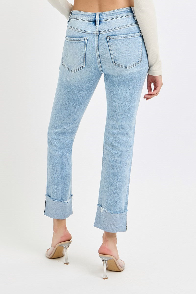 Tummy Control High Rise Crop Straight Cuffed Jeans