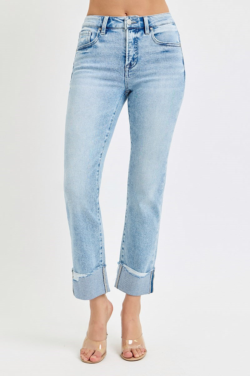 Tummy Control High Rise Crop Straight Cuffed Jeans