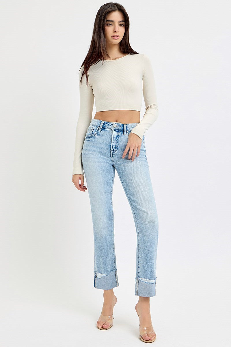 Tummy Control High Rise Crop Straight Cuffed Jeans