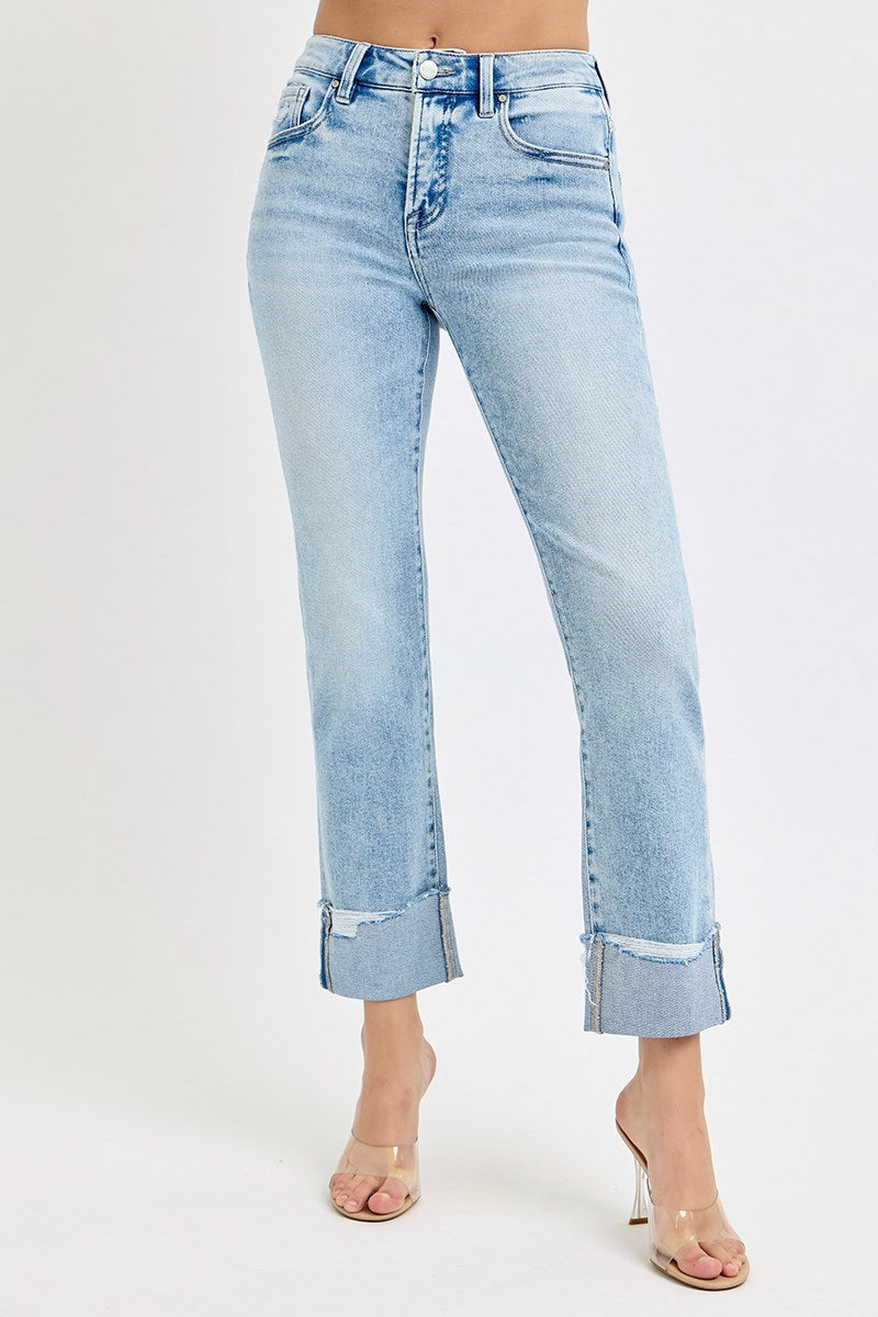 Tummy Control High Rise Crop Straight Cuffed Jeans