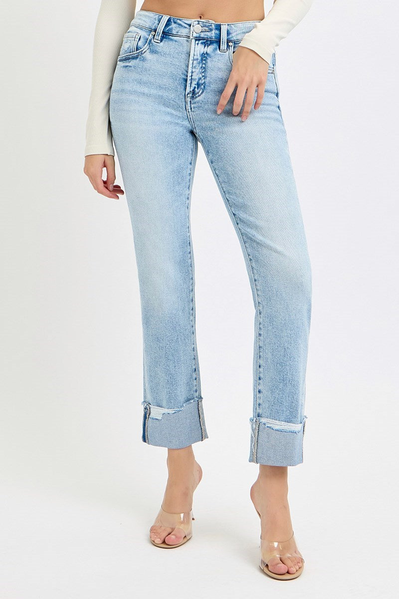 Tummy Control High Rise Crop Straight Cuffed Jeans