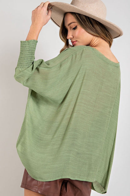 Smocked Linen Dolman Top