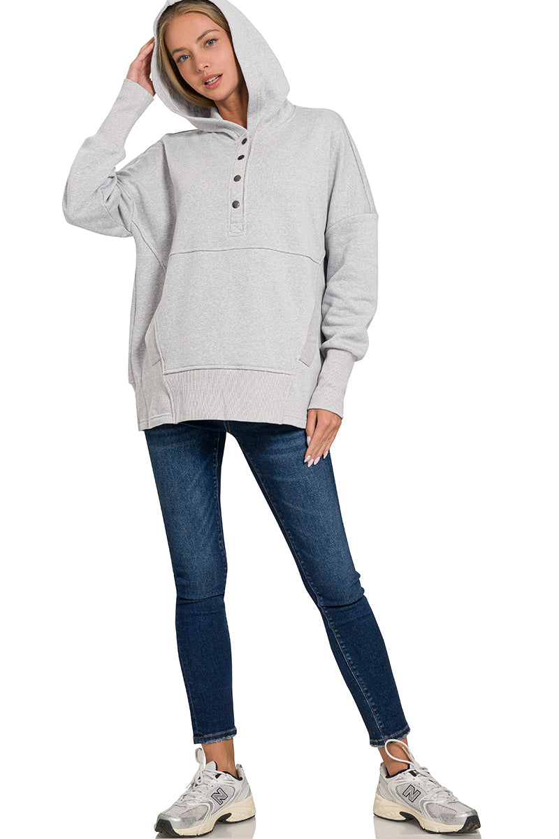 Half Button Fleece Hooded Pullover